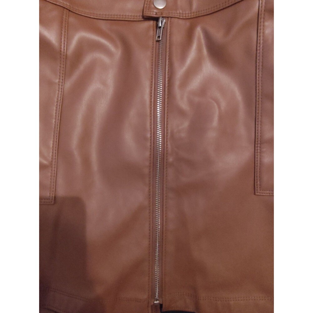 NWT Sexy Fall Brown Faux Leather Mini Skirt Front Zipper, Button & Pockets SZ L - Picture 9 of 9